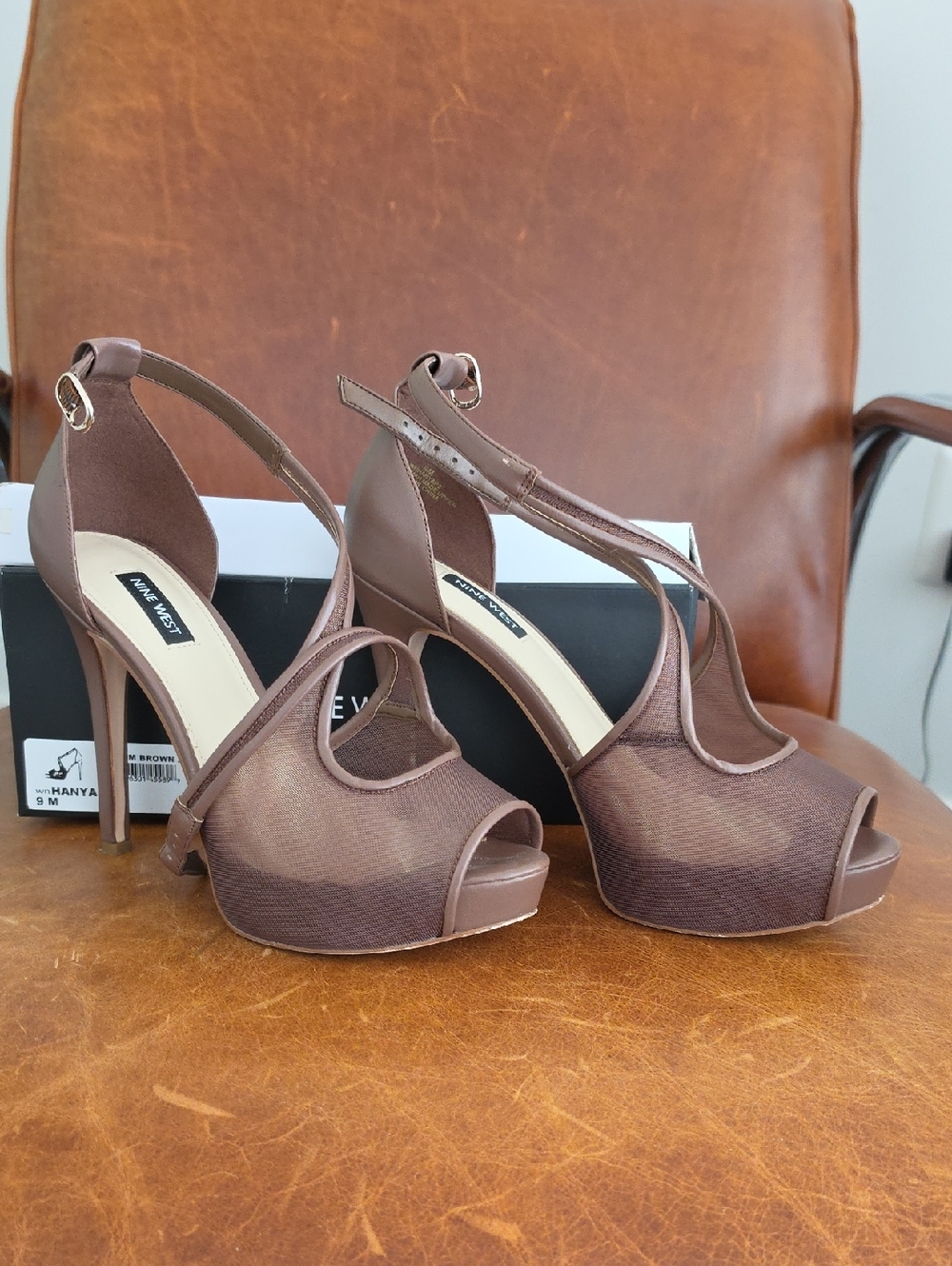 Nine West Brown T-Strap Peep-Toe Platform Heels
